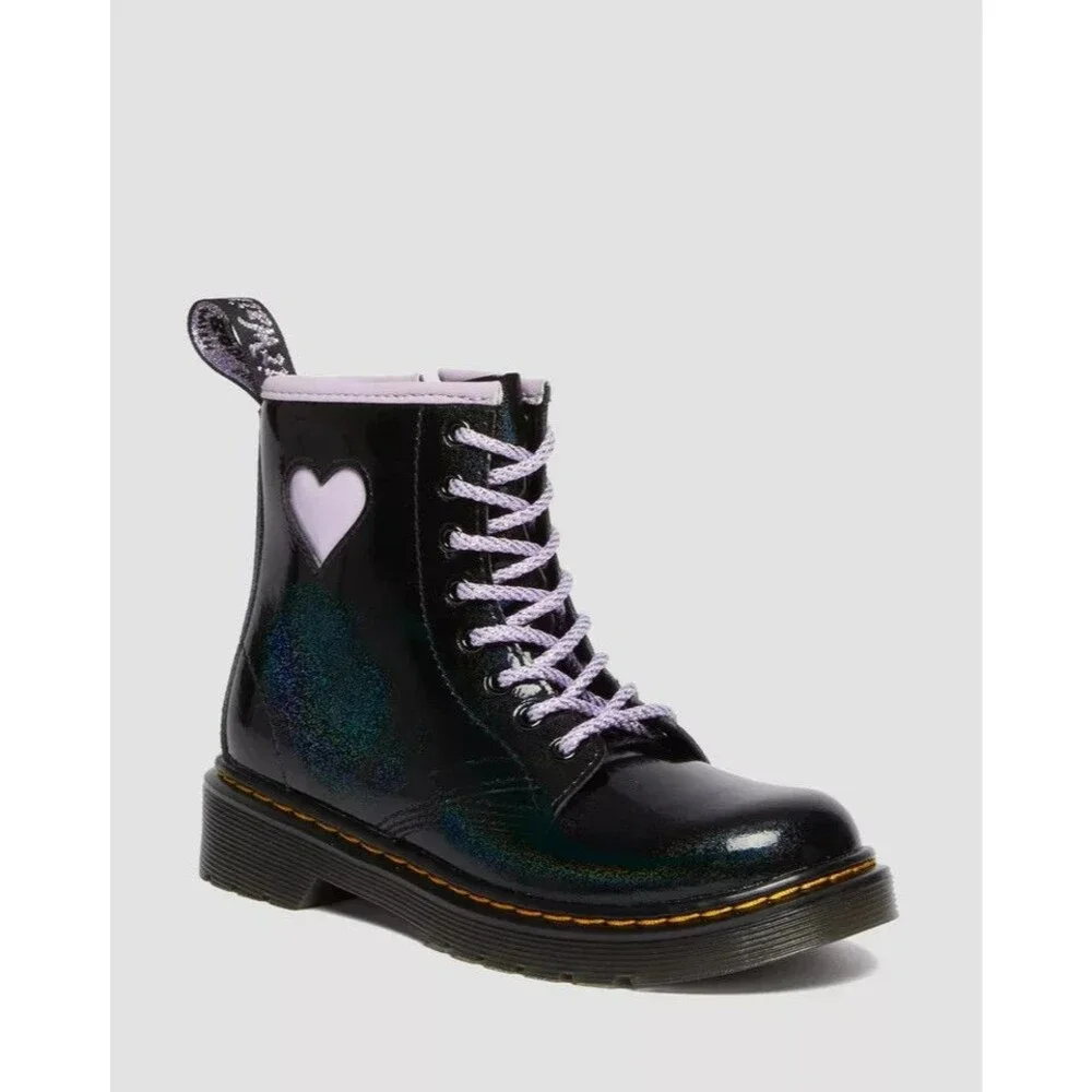 Dr. Martens Junior 1460 Shimmer Heart Boots Black Purple  Size 3 EU 34 UK 2